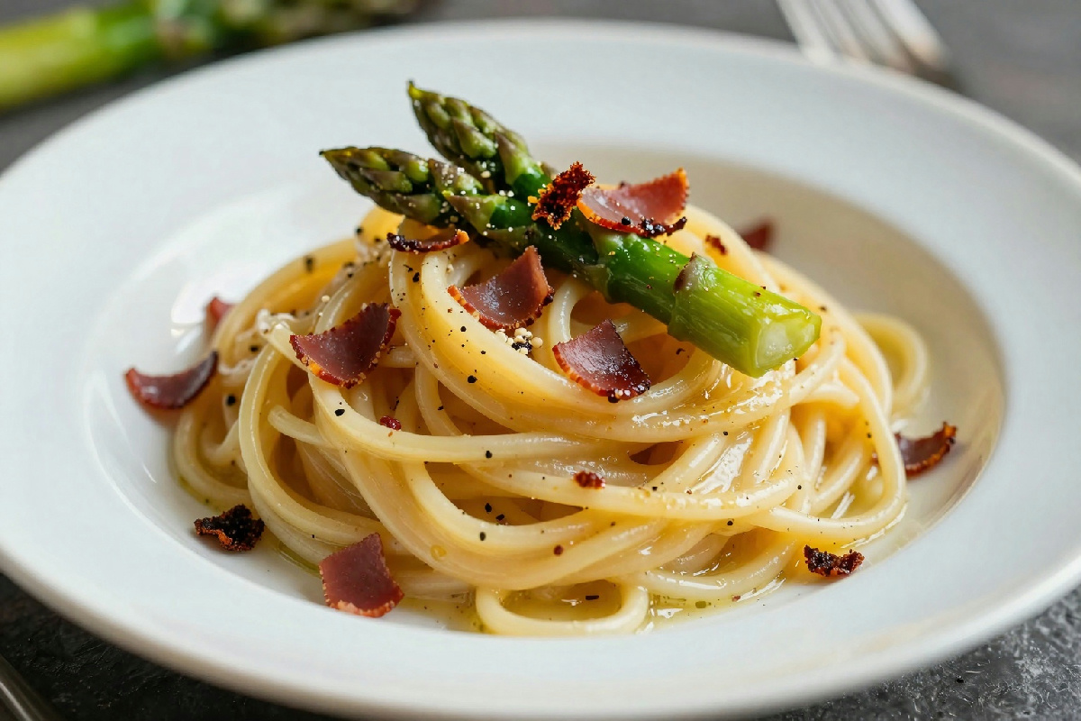 Pasta fresca con asparagi di stagione e speck croccante, un piatto semplice e gustoso da preparare